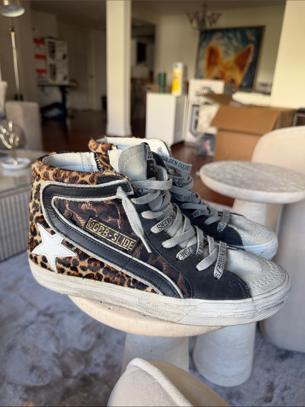 Golden Goose cow hairLeopard Print High-Top Sneakers with Black Accents